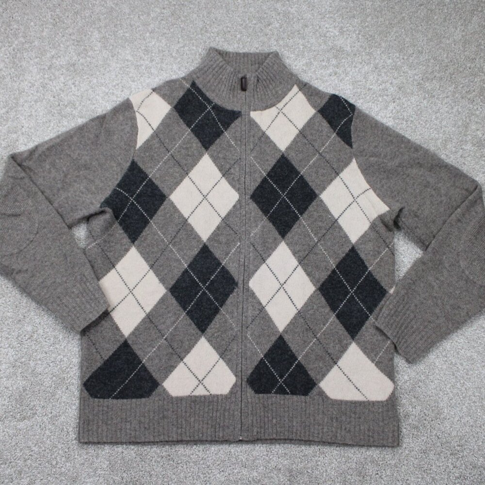 J Crew Lambswool Sweater Mens Large Gray/Blue Argyle Full Zip L/S Sweatshirt